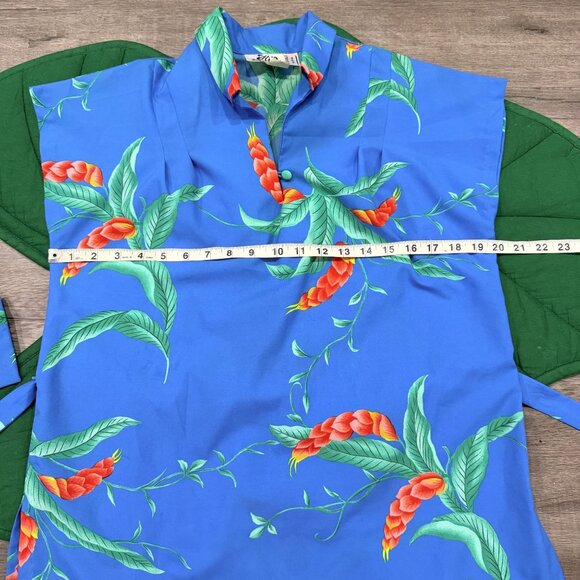 Vintage Hilo Hattie Womens Large Hawaiian Floral Blue Blouse With Tie Waist - Picture 5 of 6